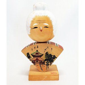 Vintage Japanese Kokeshi Wooden Doll Painted White Hair 5"